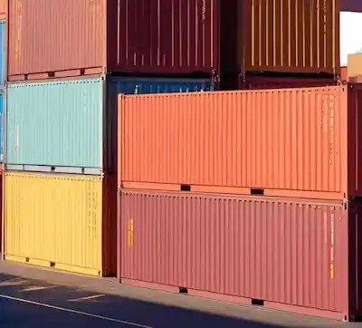 Colorful stacks of red, yellow, and blue shipping containers in a sunny port yard, representing vast inventory and supply.