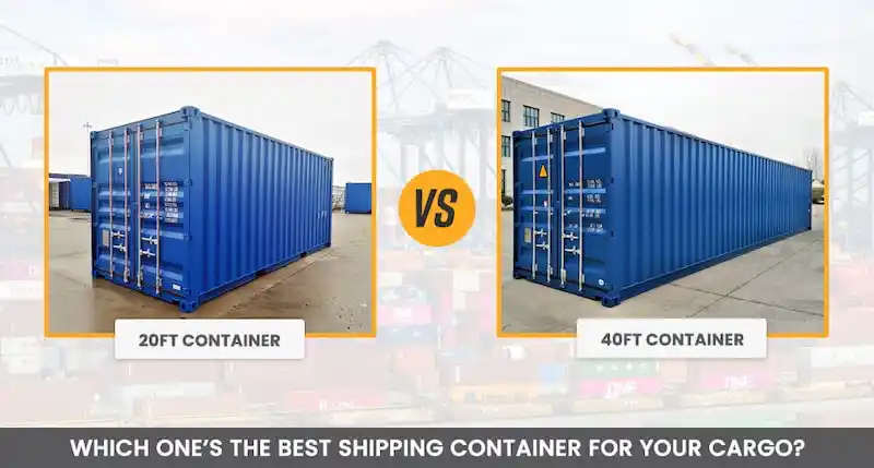 Graphic comparing a blue 20ft shipping container next to a larger 40ft container with the question, 