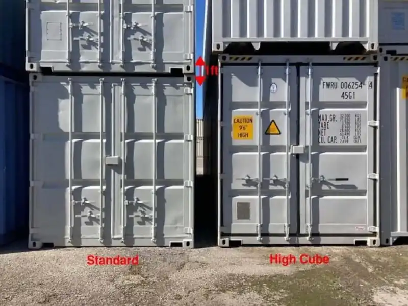 Photo showing a Standard 8'6" container next to a High Cube 9'6" container, illustrating the 1-foot height difference.