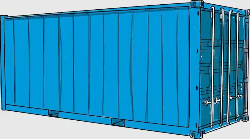 Clean graphic illustration of a blue 20ft shipping container, ready for technical specifications to be added for explanation.
