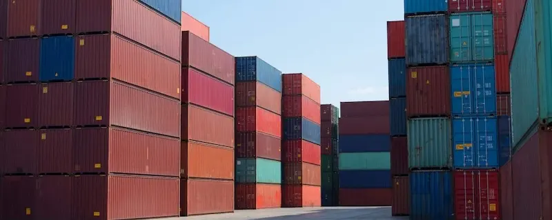 Long, dense stacks of multi-colored shipping containers in a yard, illustrating the vast supply and inventory volume.