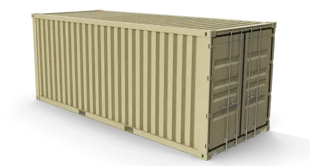 A 3D render of a pristine, beige 20ft shipping container, representing a Brand New or One-Trip condition with minimal to no cosmetic wear.
