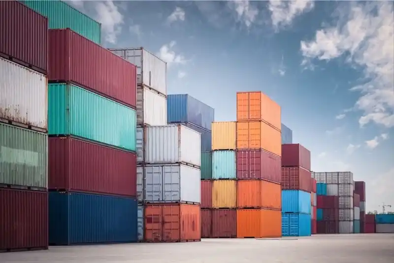 Towering stacks of multi-colored shipping containers in a port yard, illustrating the large variety of sizes available.