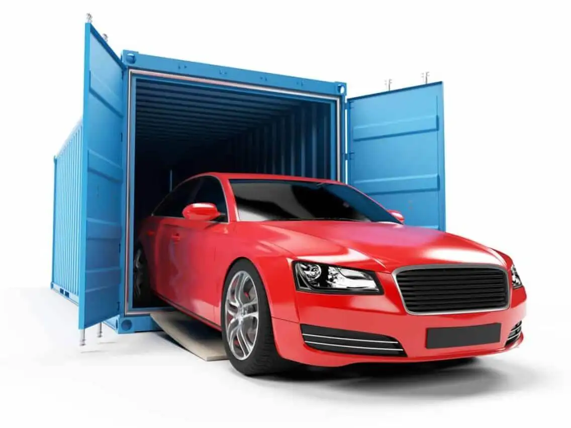 Vibrant 3D rendering of a red sedan being driven up a ramp into an open blue shipping container for transport or secure storage.