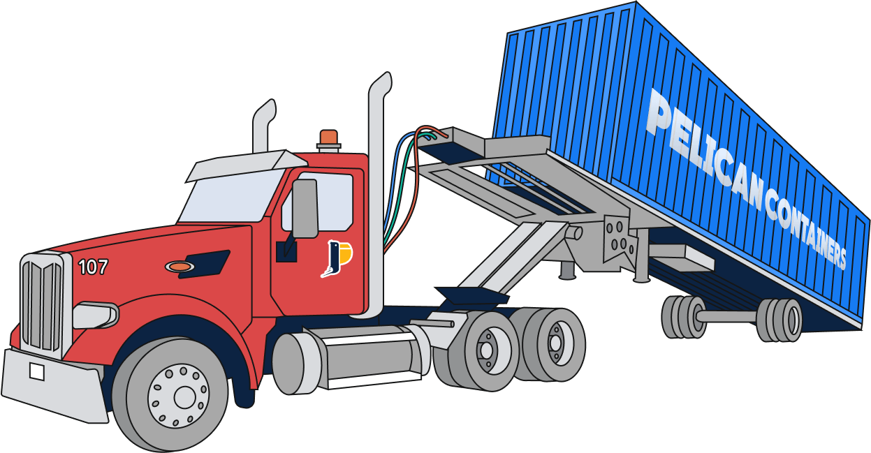 Illustration of a tilt bed truck unloading a Pelican Containers shipping container