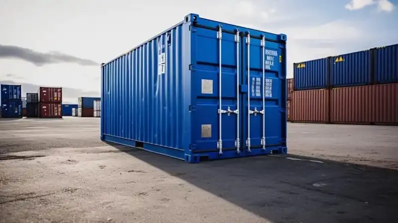 Single blue 20ft shipping container sitting alone in a yard, emphasizing the unit's size and door locking mechanism.