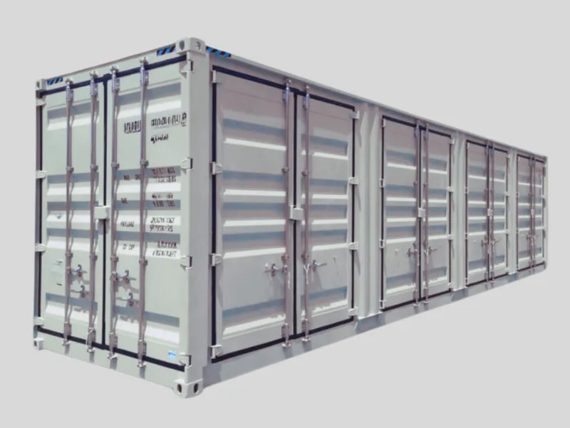 A white 40ft shipping container with multiple side doors that open completely, illustrating a full-side access specialty unit. 