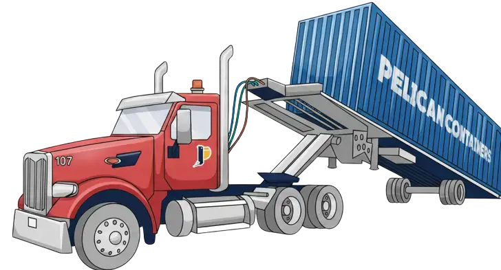 Illustration of a tilt bed truck unloading a Pelican Containers shipping container