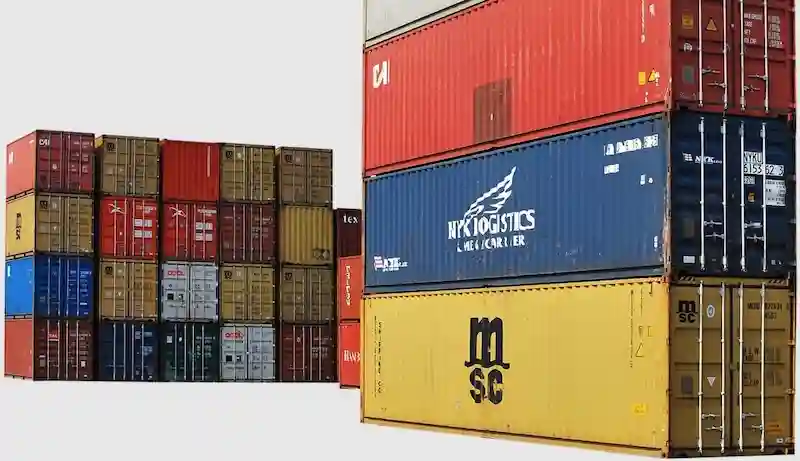 Multi-colored stacked containers from different carriers (NYK, MSC), representing the diverse inventory available for purchase or rent.