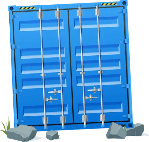 Digital illustration of a blue shipping container sitting unevenly on rocks, causing the front doors to be misaligned and symbolizing a common issue with unleveled ground.