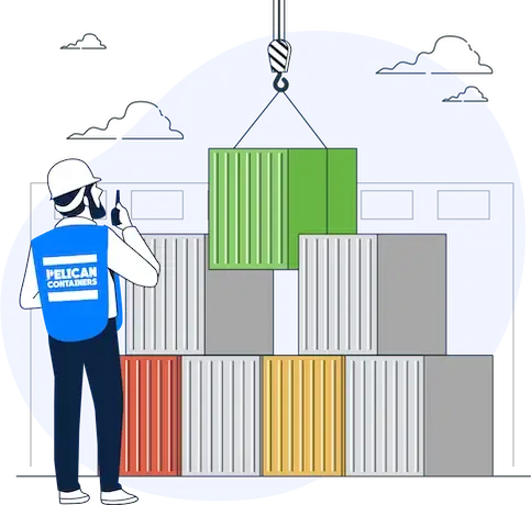 Digital illustration of a Pelican Containers worker in a hard hat overseeing a crane stacking multi-colored containers, symbolizing the professional grading of container conditions.