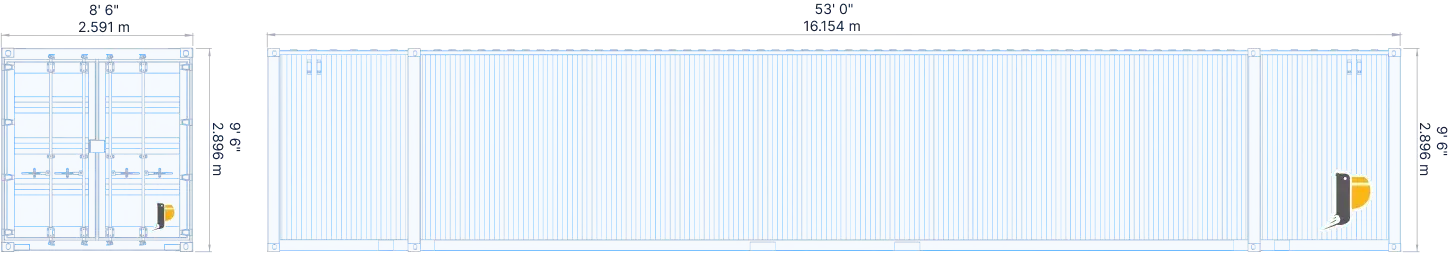 Technical architectural drawing showing the external dimensions of a 53ft high cube shipping container (8'6" W x 9'6" H x 53' L) in both feet and meters.