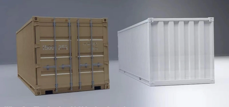 3D render showing a tan military-style Conex box next to a smooth white standard shipping container for comparison.