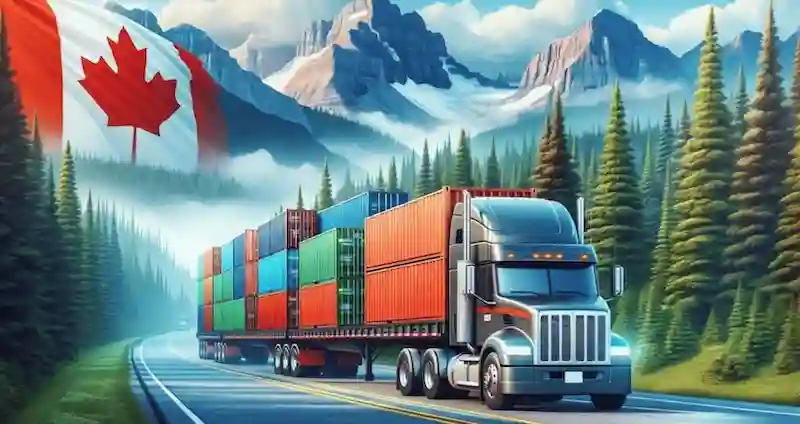 Truck hauling multi-colored containers through the Canadian Rocky Mountains with a large Canadian flag in the background.