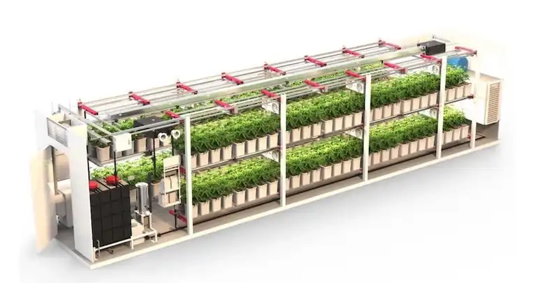 Isometric 3D rendering showing the full interior of a 40ft container vertical farm, complete with lighting and irrigation system.
