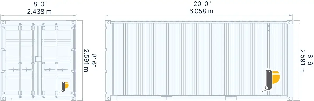 Technical architectural drawing showing the external dimensions of a 20ft standard shipping container (8' W x 8'6" H x 20' L) in both feet and meters.