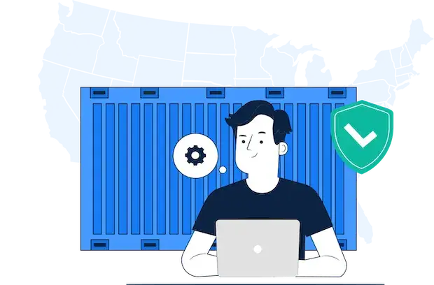 Digital illustration of a person with a laptop, thinking about container settings, in front of a blue shipping container and a map of the USA, with a green shield symbolizing quality and secure service.