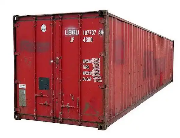 Red 40ft shipping container with visible identification numbers and weight specs, on a white background, ready for storage.