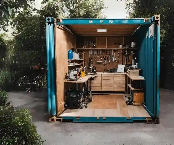 Blue shipping container open to reveal a bright, fully finished workshop interior with wood counters and organized tools.