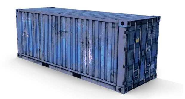 A 3D render of a blue used shipping container with heavy external rust and paint wear, representing a reliable WWT condition suitable for storage.