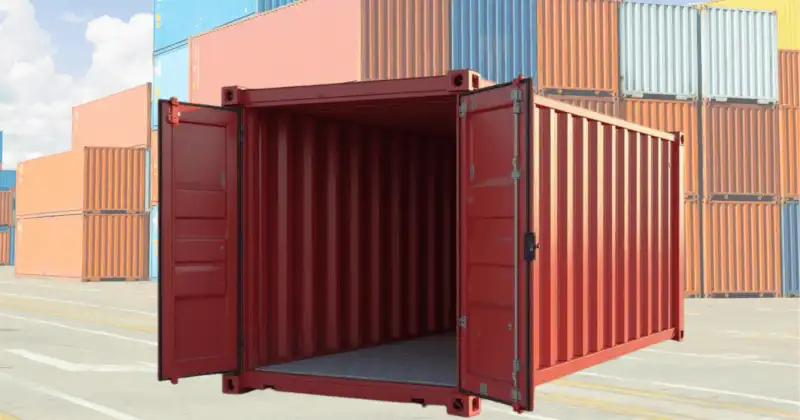 Red 20ft shipping container with both doors wide open, showing the empty interior, with stacks of other containers behind.
