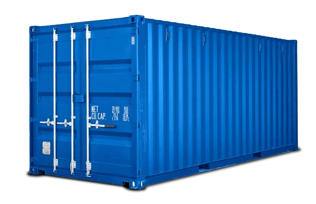 High-quality image of a clean, blue 20ft standard shipping container, showing door locks and capacity stencils.