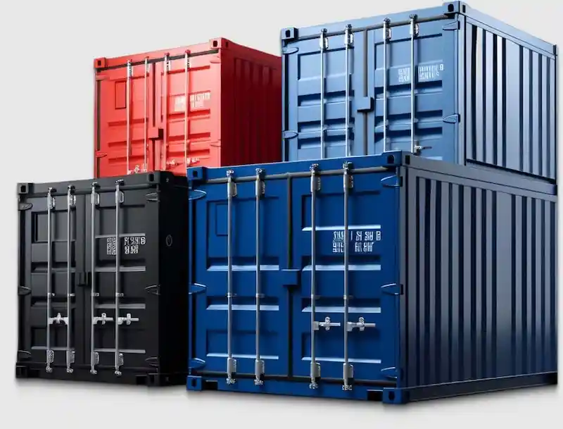 Stack of four multi-colored shipping containers (red, blue, black) representing the various sizes and types available for sale.