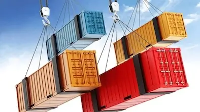 Vibrant 3D rendering of multiple blue, red, and yellow shipping containers being lifted simultaneously by overhead cranes against a blue sky, symbolizing global transport and quick delivery.