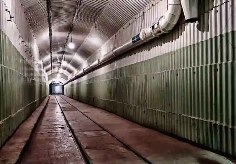 Long, corrugated metal underground tunnel with a central pipe and single light, symbolizing secure, deep shelter construction.