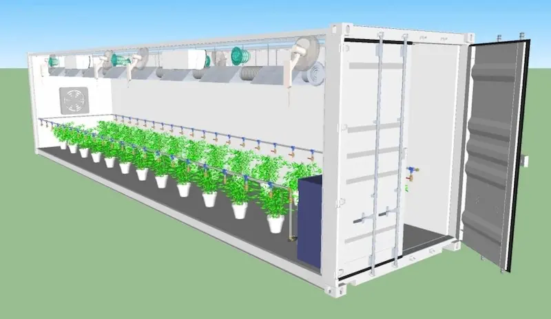 3D diagram of a container greenhouse showing interior layout, potted plants, horizontal hydroponic irrigation, and air circulation fans.