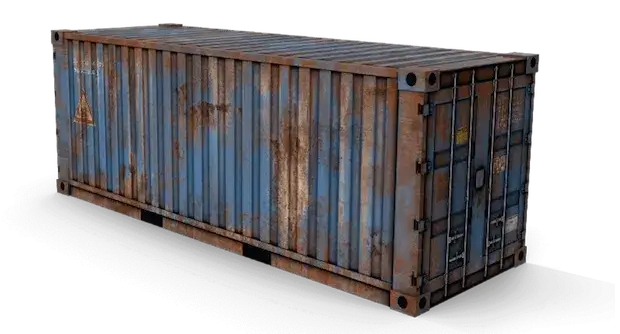 A 3D render of a severely rusted and weathered blue shipping container, representing the high cosmetic wear of an As-Is condition unit.