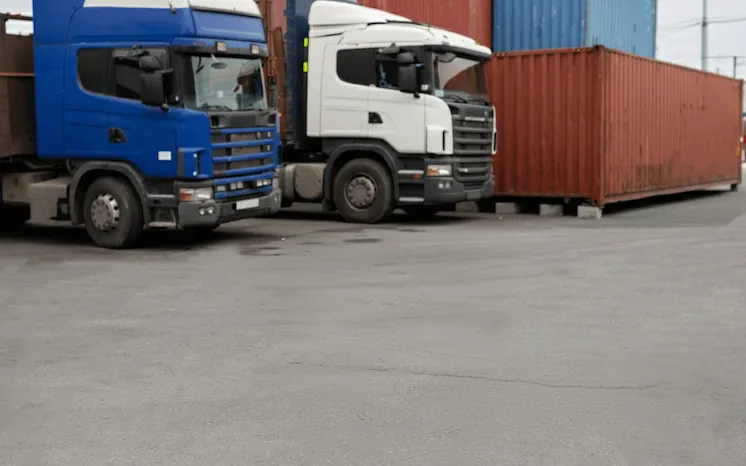 A low-angle photo of two semi-truck cabs parked next to a long, red 40ft shipping container, illustrating the unit's great length and size compared to transport vehicles.