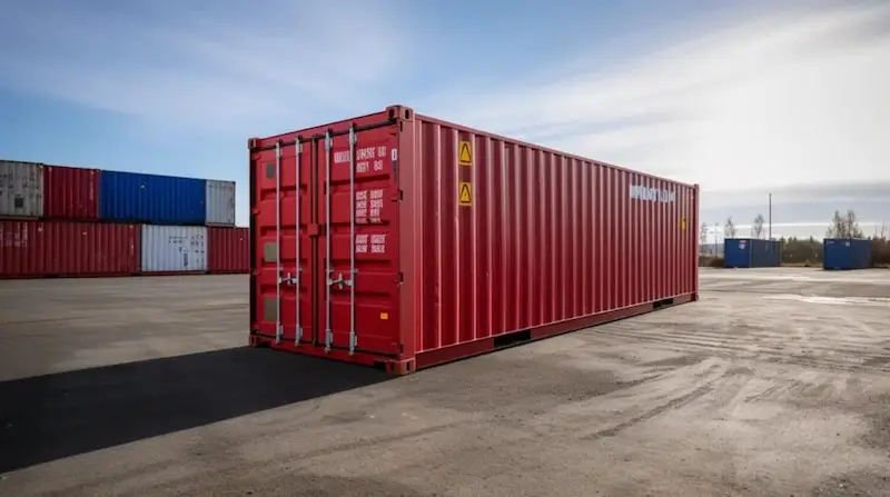Single red 40ft shipping container sitting in a yard, clearly displaying the weight and capacity specifications on the door.