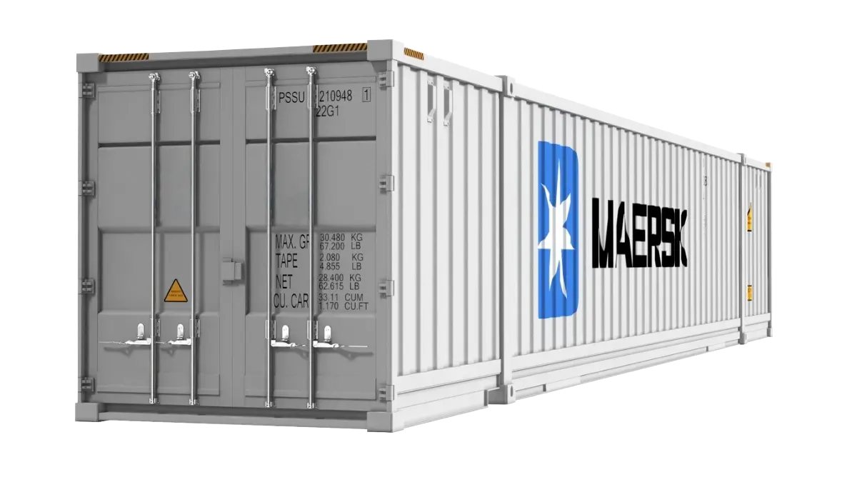 A large white 53-foot high cube shipping container with double doors, used for freight transport